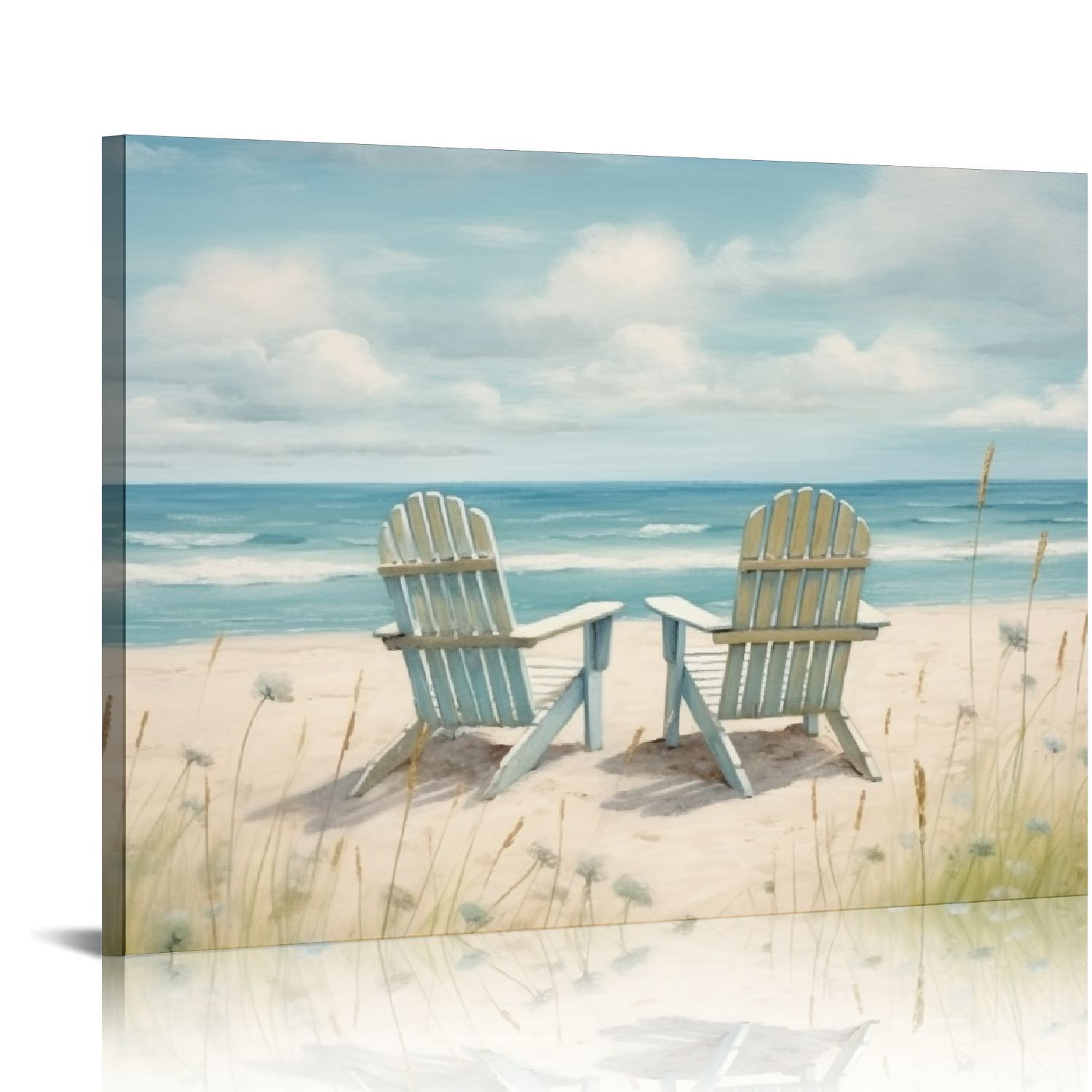 COMIO Seascape Wall Art Canvas Picture: Beach Chair Seascape Print Decor Ocean Coastal Scene Painting Seaside Sea Wave Grass Artwork for Bathroom Living Room